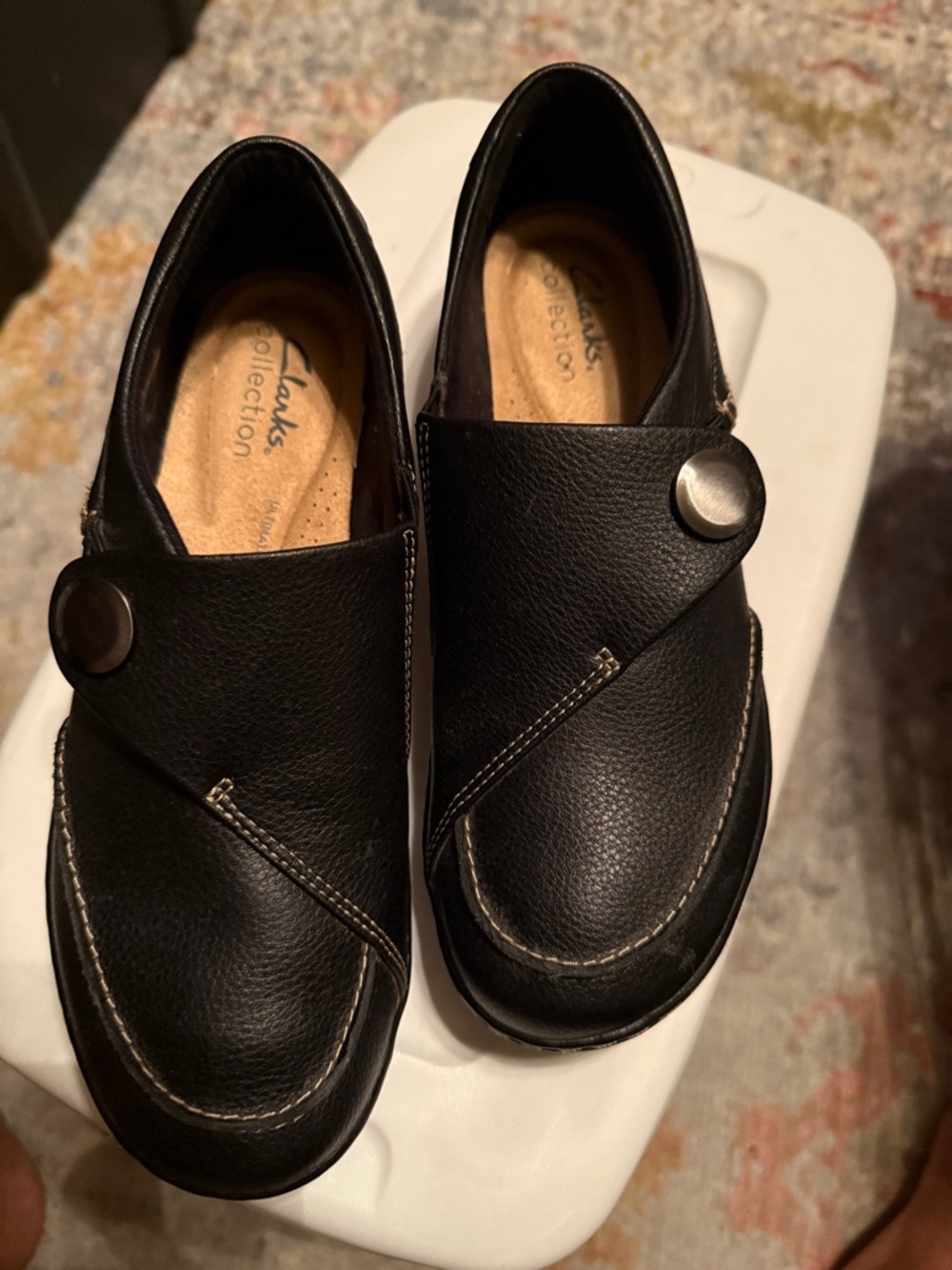 Clarks Black Leather Slip-On Loafers with Button Accent